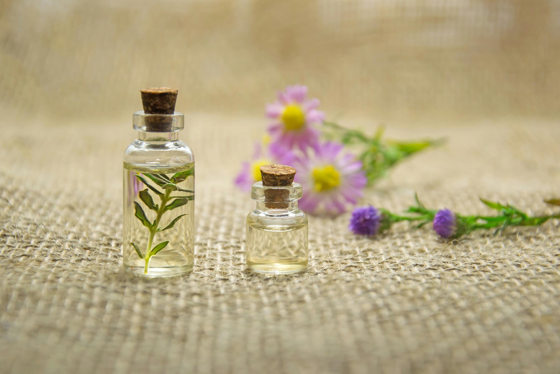 Small glass botles filled with oil and botanicals with cork top.